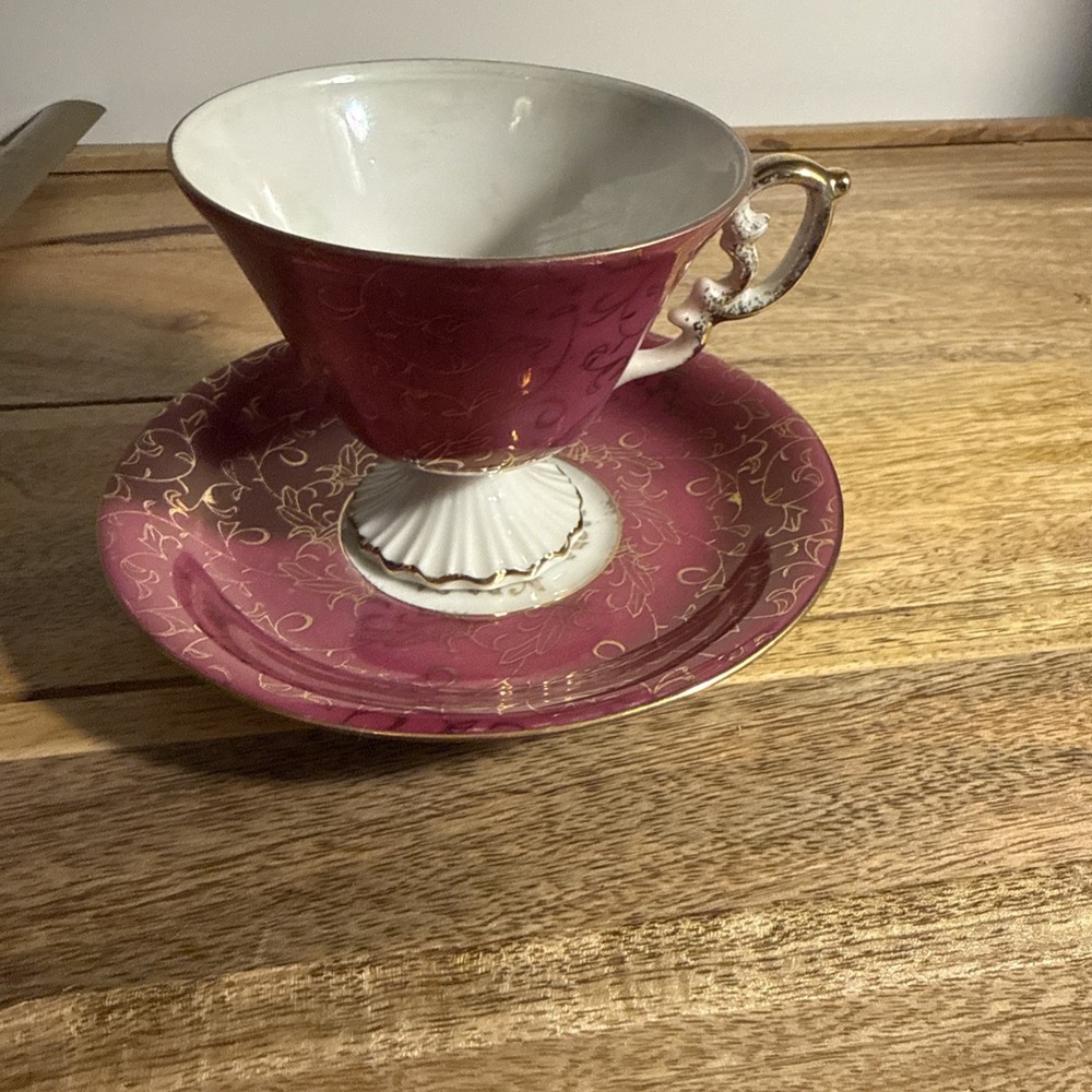 Vintage Inarco Japan Pink Gold Teacup Saucer Set E-1662 Mid Century